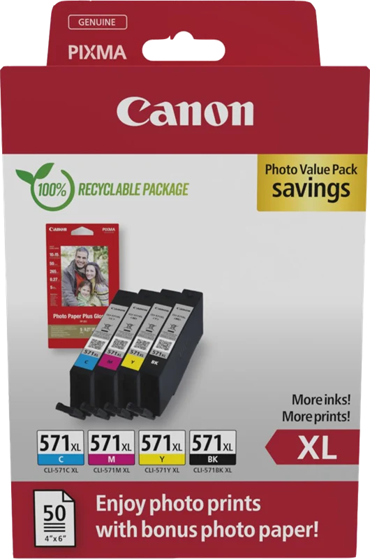 Canon CLI-571 XL Schwarz / Cyan / Magenta / Gelb Value Pack + 10x15 cm Fotopapier 50 Blatt