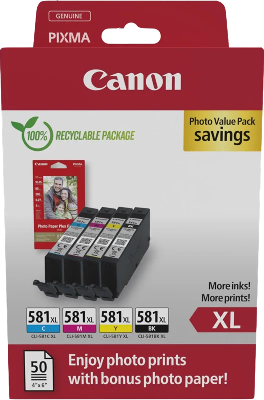 Canon CLI-581 XL Schwarz/Cyan/Magenta/Gelb Value Pack + 10x15 cm Fotoglanzpapier Plus II 50 Blatt