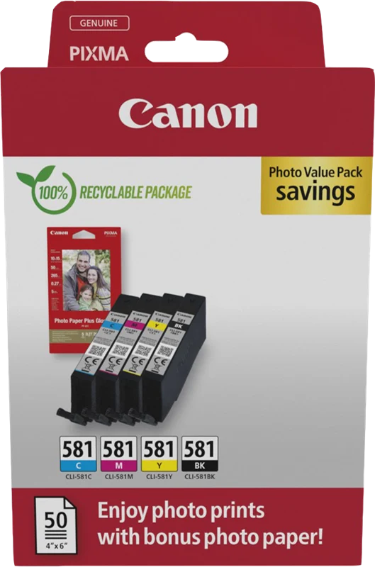 Canon CLI-581 Schwarz/Cyan/Magenta/Gelb Value Pack + 10x15 cm Fotopapier 50 Blatt