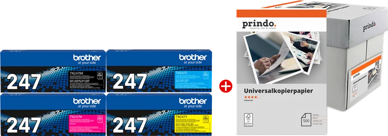 Brother TN-247 Value Pack Schwarz/Cyan/Magenta/Gelb + Prindo Universal Papier