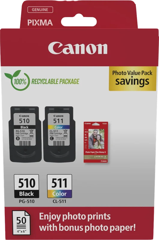 Canon PG-510+CL-511 Schwarz / mehrere Farben / Weiss Value Pack + 10x15 cm Fotopapier 50 Blatt