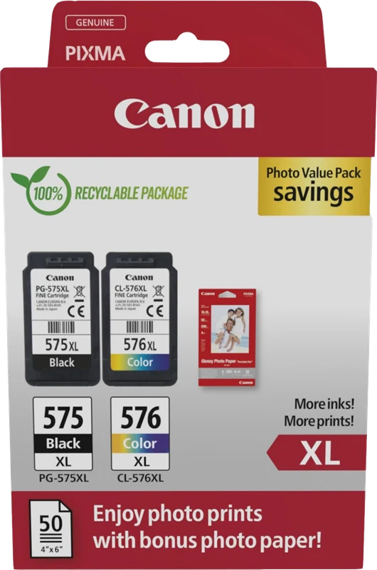 Canon PG-575XL+CL-576XL Schwarz / mehrere Farben / Weiss Value Pack + 10x15 cm Fotopapier 50 Blatt