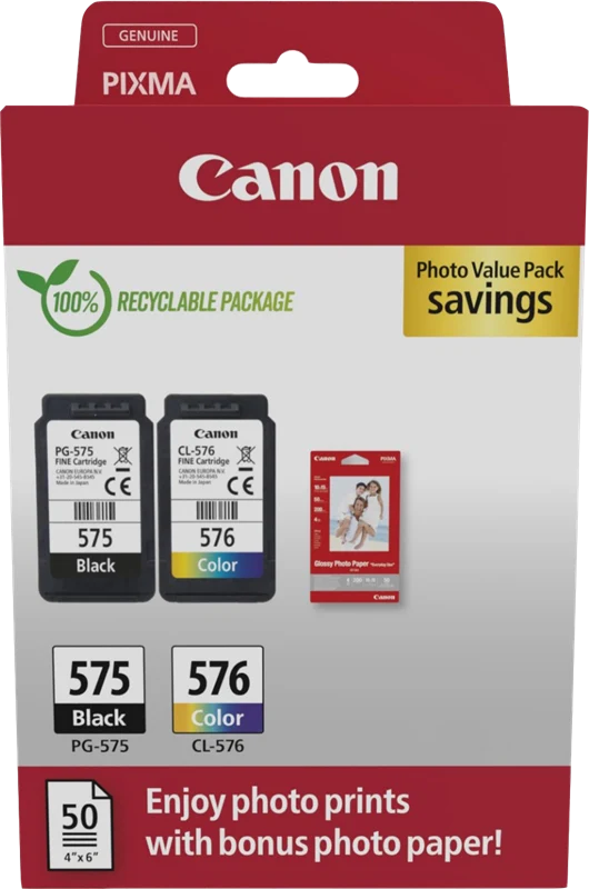 Canon PG-575+CL-576 Schwarz / mehrere Farben / Weiss Value Pack + 10x15 cm Fotopapier 50 Blatt