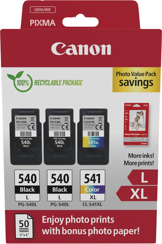 Canon PG-540L+CL-541XL Schwarz / mehrere Farben / Weiss Value Pack + 10x15 cm Fotopapier 50 Blatt
