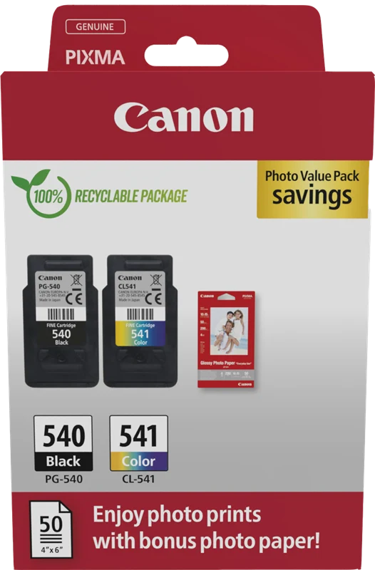 Canon PG-540+CL-541 Schwarz / mehrere Farben / Weiss Value Pack + 10x15 cm Fotopapier 50 Blatt