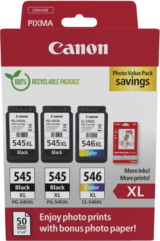 Canon PG-545XL+CL-546XL Schwarz / mehrere Farben Value Pack + 10x15 cm Fotopapier 50 Blatt