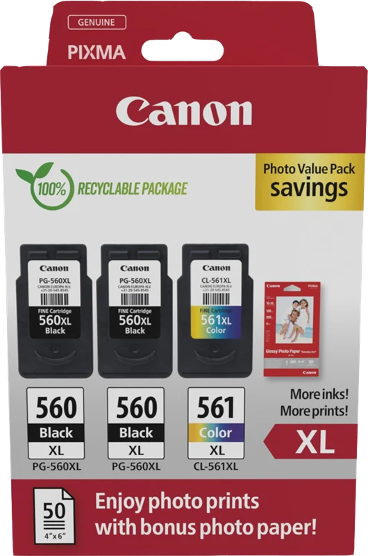 Canon PG-560XL+CL-561XL Schwarz/ mehrere Farben Value Pack + 10x15 cm Fotopapier 50 Blatt