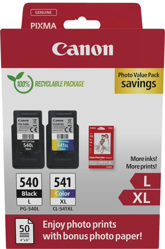 Canon PG-540L+CL-541XL Schwarz / mehrere Farben Value Pack + 10x15 cm Fotopapier 50 Blatt