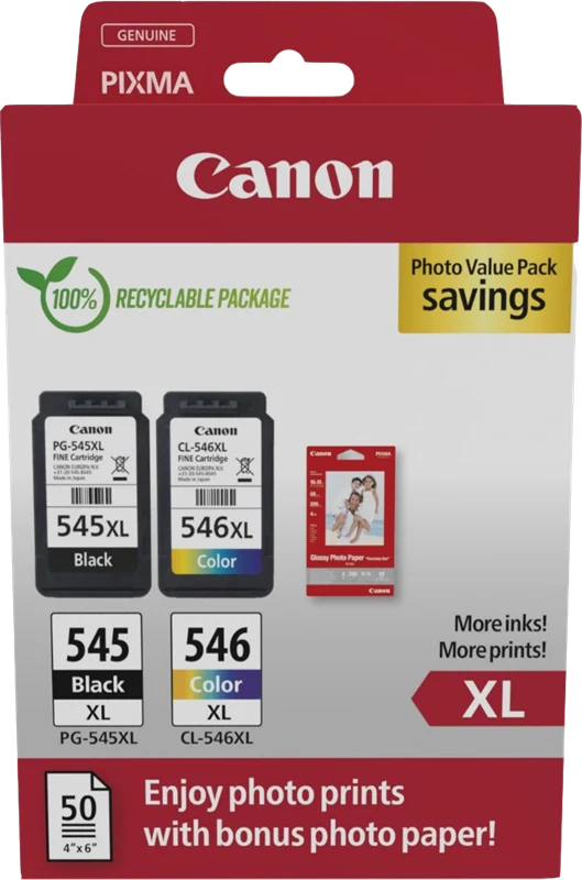 Canon PG-545XL + CL-546XL Schwarz / mehrere Farben Value Pack + 10x15 cm Fotopapier 50 Blatt