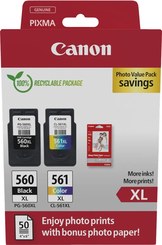 Canon PG-560XL+CL-561XL Schwarz / mehrere Farben Value Pack + 10x15 cm Fotopapier 50 Blatt
