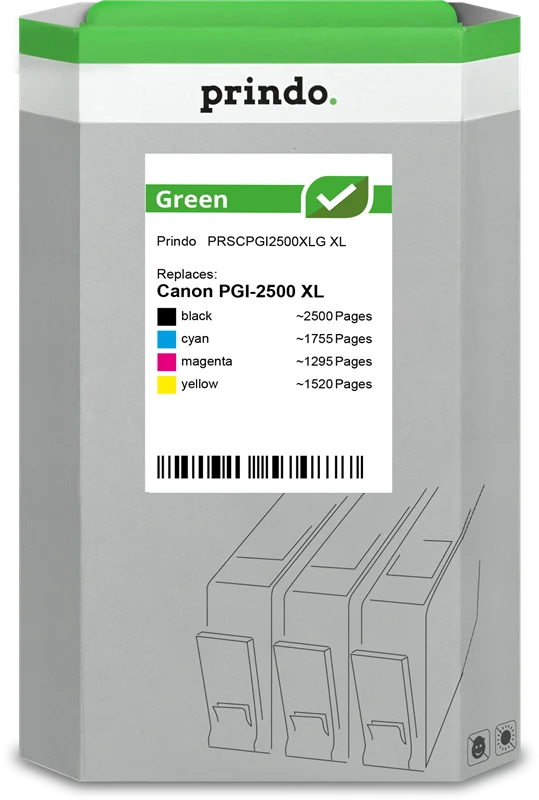 Prindo Green XL Multipack kompatibel mit Canon PGI-2500XL Schwarz/Cyan/Magenta/Gelb