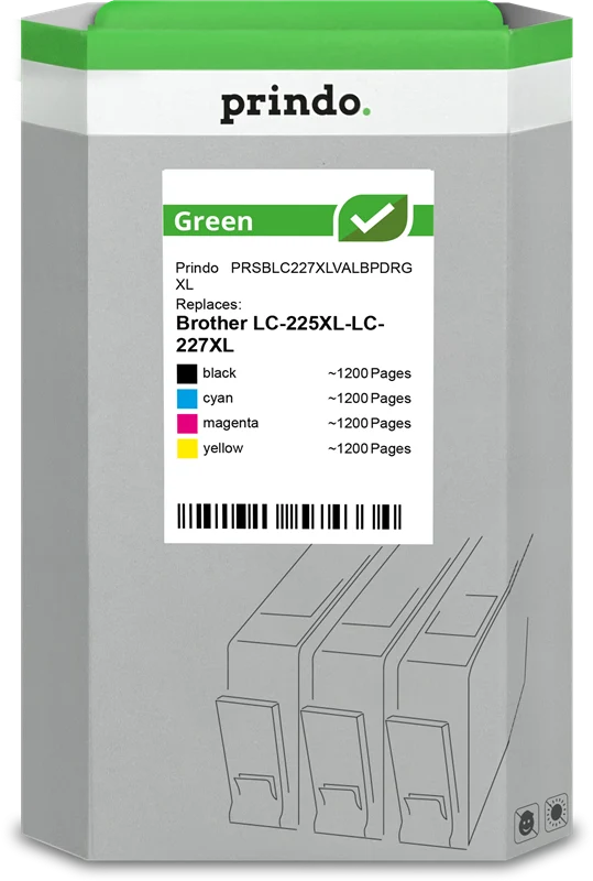 Prindo Green XL Multipack kompatibel mit Brother LC-227XL+LC-225XL Multipack Schwarz/Cyan/Magenta/Gelb