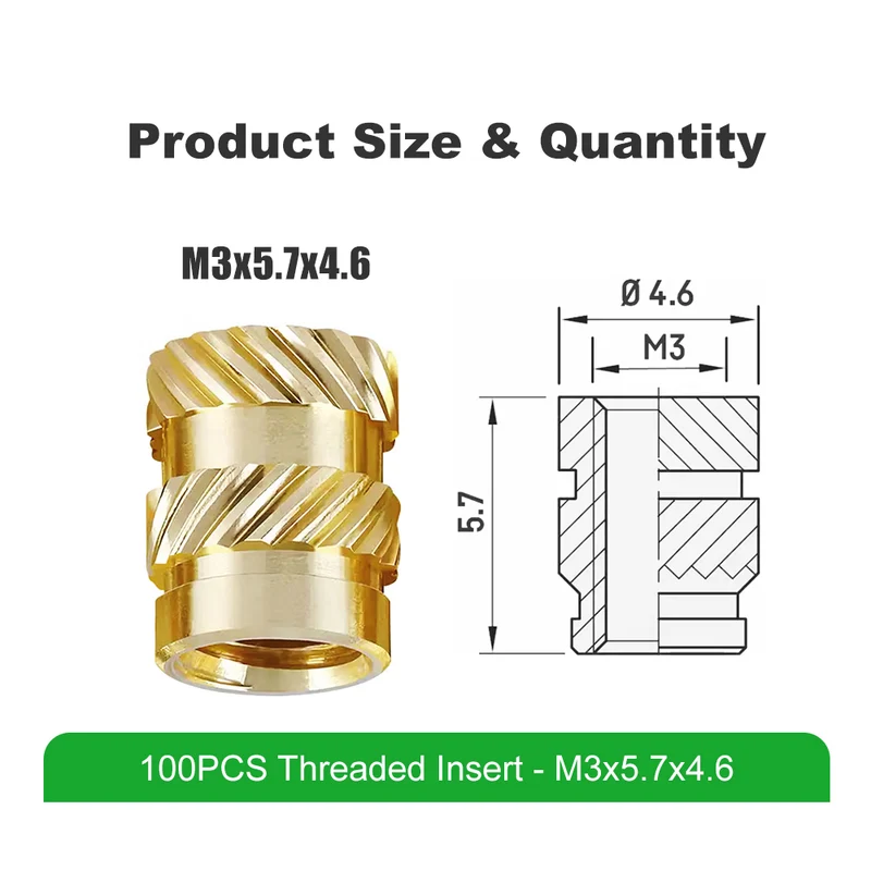 Mintion M3 x 5,7mm x 4,6mm Threaded Insert Set – 100 Stück