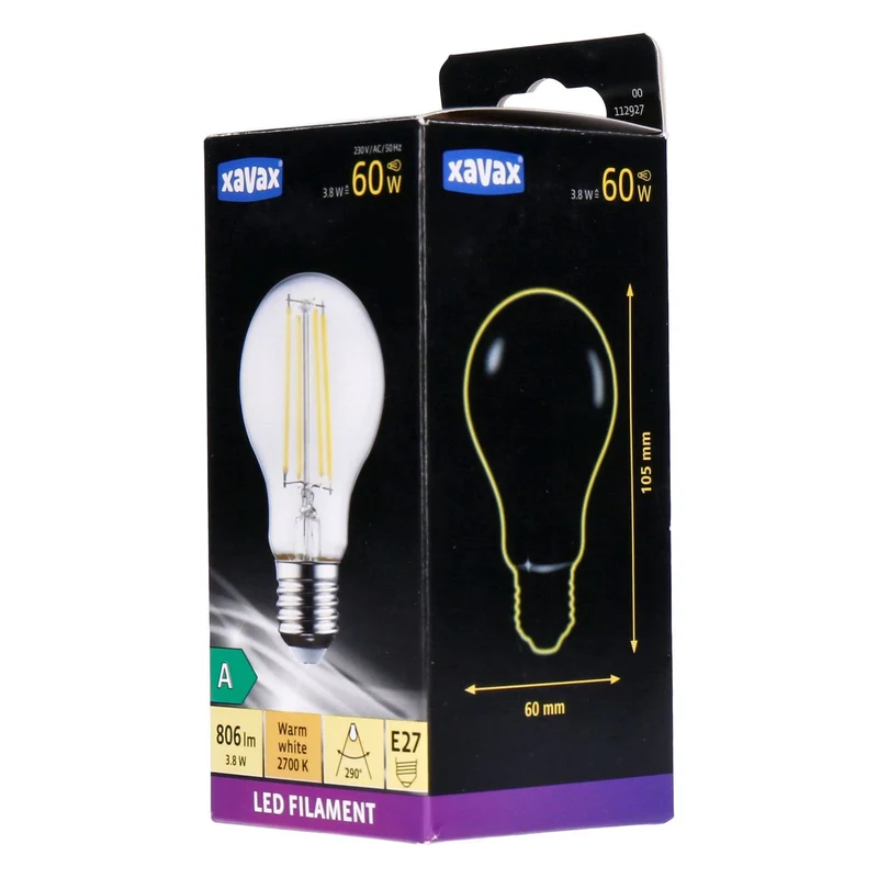 Xavax E27 LED Filament A60 Birne warmweiß 3.8W=60W 806lm