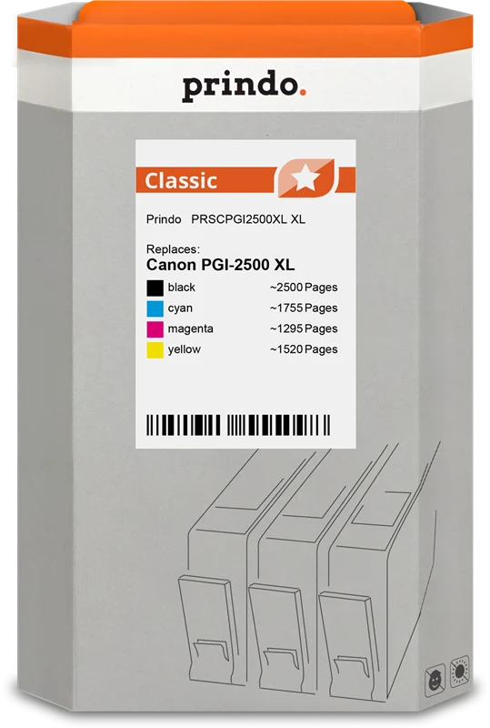 Prindo Classic XL Multipack kompatibel mit Canon PGI-2500XL Multipack Schwarz/Cyan/Magenta/Gelb