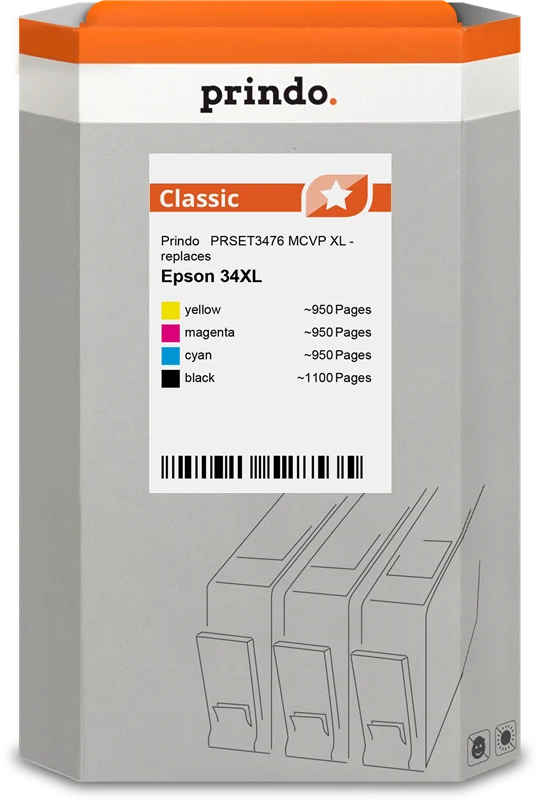 Prindo Classic XL Multipack kompatibel mit Epson 34XL Schwarz/Cyan/Magenta/Gelb