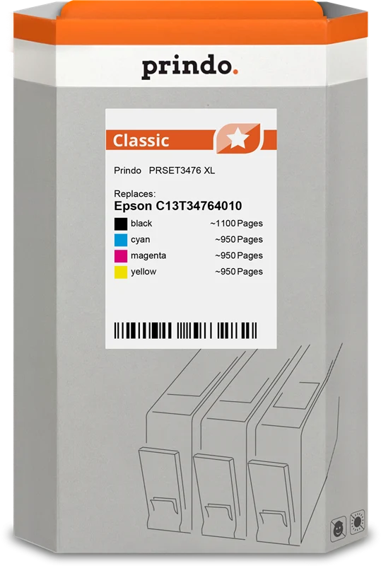 Prindo Classic XL Multipack kompatibel mit Epson 34 XL Multipack Schwarz/Cyan/Magenta/Gelb