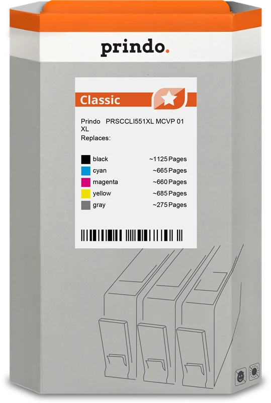 Prindo Classic XL Multipack kompatibel mit Canon CLI-551XL Schwarz/Cyan/Magenta/Gelb/Grau