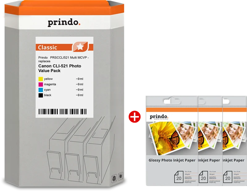 Prindo Classic Multipack kompatibel mit Canon CLI-521 Schwarz/Cyan/Magenta/Gelb + 60 Blatt Foto Papier