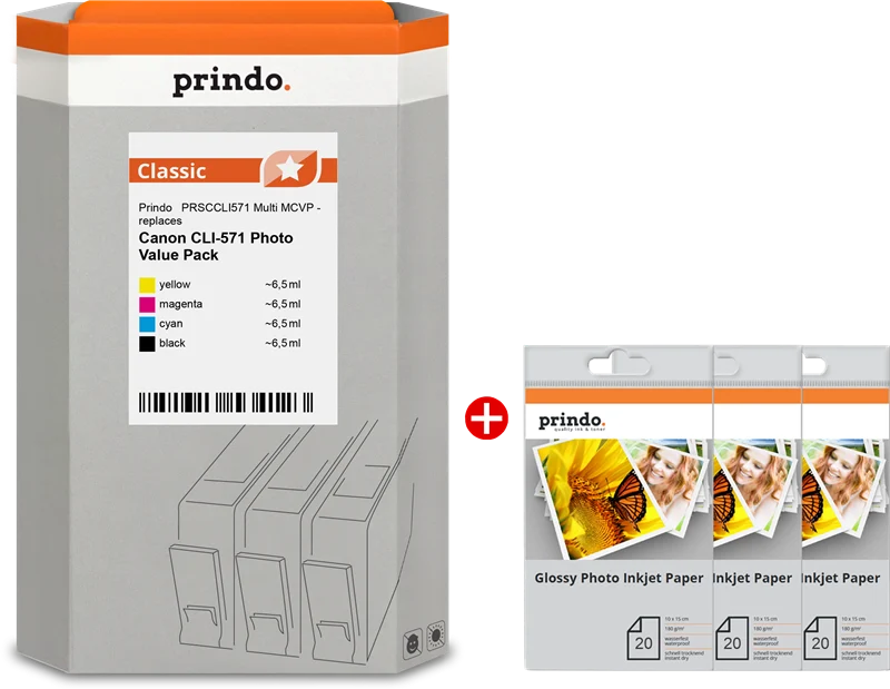 Prindo Classic Multipack kompatibel mit Canon CLI-571 Schwarz/Cyan/Magenta/Gelb + 60 Blatt Foto Papier