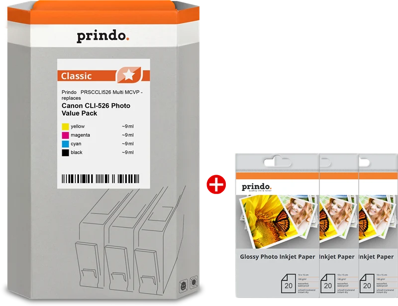 Prindo Classic Multipack kompatibel mit Canon CLI-526 Schwarz/Cyan/Magenta/Gelb 3× Prindo Glossy Fotopapier