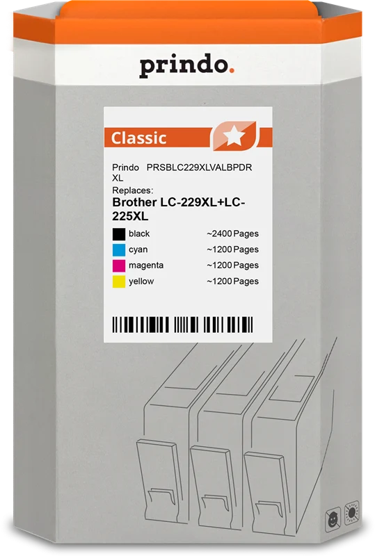 Prindo Classic XL Multipack kompatibel mit Brother LC-229XL+LC-225XL Multipack Schwarz/Cyan/Magenta/Gelb
