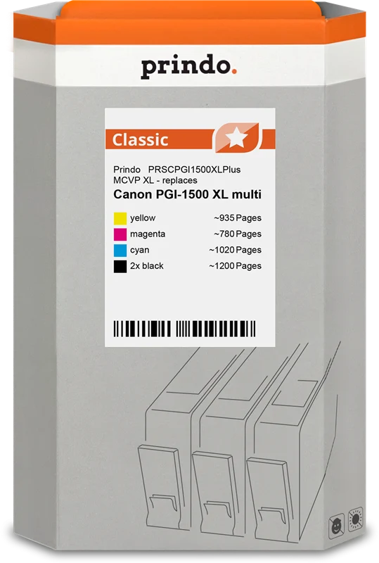 Prindo Classic XL Multipack kompatibel mit Canon PGI-1500XL Multipack Schwarz/Cyan/Magenta/Gelb
