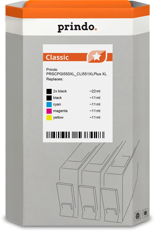 Prindo Classic XL Multipack kompatibel mit Canon PGI-550pgbkXL+CLI-551XL Schwarz/Cyan/Magenta/Gelb